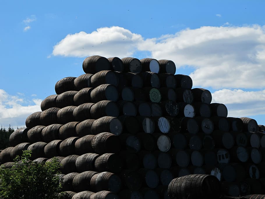 beczki, napoje, przechowywanie, stos, niebo, chmura - niebo, rolnictwo, duża grupa obiektów, żadnych ludzi, dzień, Natura, niski kąt widzenia, układ, obfitość, światło słoneczne, na dworze, architektura, z rzędu, opona, drewno - materiał, wzór, saldo, roślina, pole, koło, 2K
