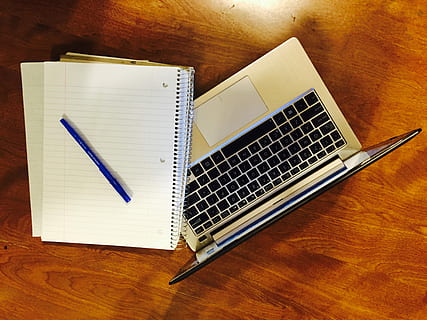 Computer, Notebook, Laptop, Desk, Table, work, indoors, communication, technology, no people, wireless technology, wood - material, connection, high angle view, pen, still life, paper, computer equipment, keyboard, note pad, portable information device, brown, blank, computer key, 2K, CC0, public domain, royalty free