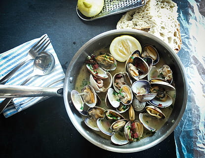 clams, cook, cooking, cuisine, dish, food, meal, pan, shellfish, seafood, gourmet, crockery, dinner, freshness, mussel, plate, restaurant, soup, cultures, food and drink, healthy eating, wellbeing, kitchen utensil, table, shell, high angle view, still life, directly above, eating utensil, ready-to-eat, no people, bowl, indoors, oyster, animal shell, tray, temptation, 2K, CC0, public domain, royalty free
