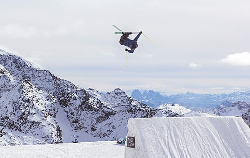 human, ski, daytime, snow, mountain, winter, european Alps, outdoors, nature, sky, flying, sport, skiing, blue, mountain Range, mid-air, motion, cold temperature, winter sport, leisure activity, beauty in nature, snowcapped mountain, scenics - nature, extreme sports, one person, day, adventure, vacations, freedom, 2K, CC0, public domain, royalty free