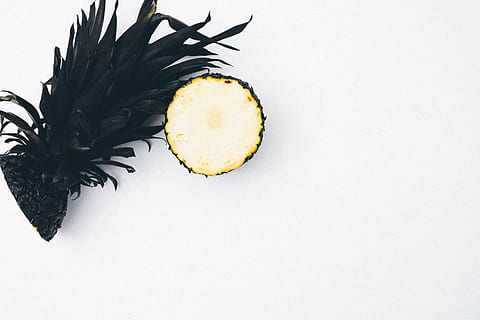 slice, pineapple, dessert, appetizer, fruit, juice, crop, black, food and drink, food, healthy eating, studio shot, wellbeing, yellow, white background, indoors, freshness, copy space, plant, cut out, directly above, no people, tropical fruit, herb, white color, close-up, egg yolk, dieting, 5K, CC0, public domain, royalty free