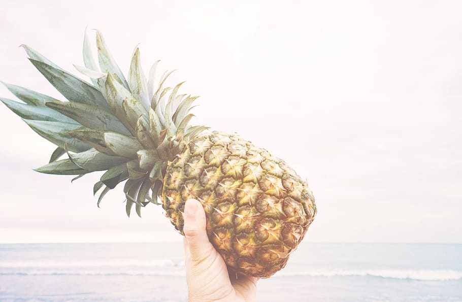 Person, halten, Ananasfrucht, Ananas, Obst, Hand, Wasser, Ozean, Strand, Insel, tropisch, Ufer, Gelb, glücklich, Spaß, Filter, künstlerisch, Kunst, Tropische Frucht, eine Person, Essen und Trinken, Wohlbefinden, menschliche Hand, menschliches Körperteil, Lebensmittel, Meer, gesundes Essen, Frische, Erwachsene, Körperteil, Nahansicht, nicht erkennbare Person, Frisur, Finger, menschliches Haar, 5K
