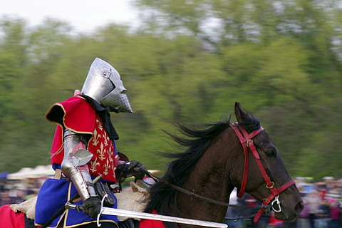 knight, mounted, the horse, visor, knighthood, armor, the middle ages, battle of, sword, fight, knights, reconstruction of the, settlement, adorned with metal, worship, attack, shield, coat of arms, history, helmet, hauberk, horse, knight - Person, suit of Armor, competition, riding, sport, domestic animals, domestic, animal themes, mammal, pets, animal, livestock, working animal, animal wildlife, vertebrate, one animal, tree, day, ride, transportation, nature, herbivorous, horseback riding, outdoors, 4K, CC0, public domain, royalty free