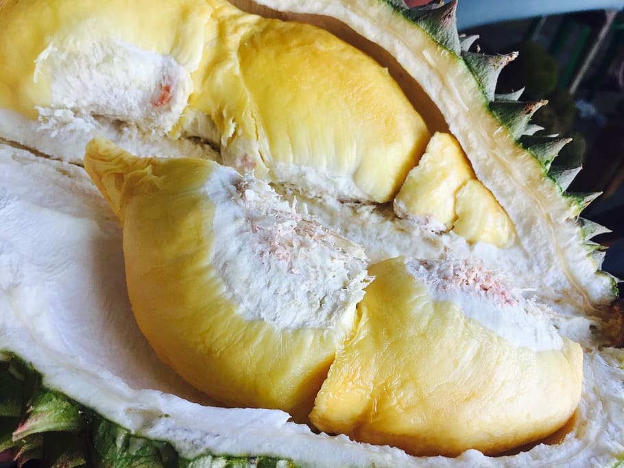 durian, vista, fruita de durian, jackfruit, fruita, obert, pela, menjar i beguda, primer pla, menjar, alimentació saludable, cap gent, benestar, frescor, fruita tropical, groc, secció transversal, tir de l'estudi, a l'interior, pinya, grup d'objectes, tall, natura morta, naturalesa, patró, 2K