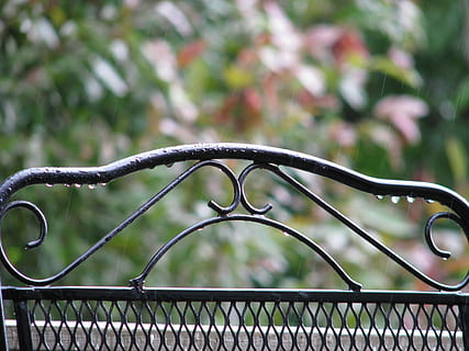 Spring, Drops, Abstract, Water, rain, outdoor, outdoors, metal, iron - Metal, no People, fence, bench, security, protection, safety, focus on foreground, barrier, boundary, close-up, day, pattern, nature, sharp, railing, sky, wrought iron, low angle view, iron, steel, 2K, CC0, public domain, royalty free