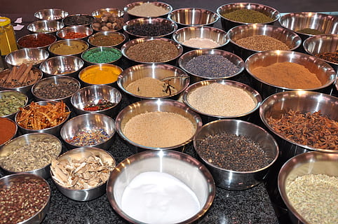 Spices, Kitchen, Herbs, no people, food and drink, indoors, large group of objects, freshness, food, variation, choice, still life, abundance, in a row, spice, arrangement, high angle view, table, business, close-up, order, container, geometric shape, silver colored, 2K, CC0, public domain, royalty free