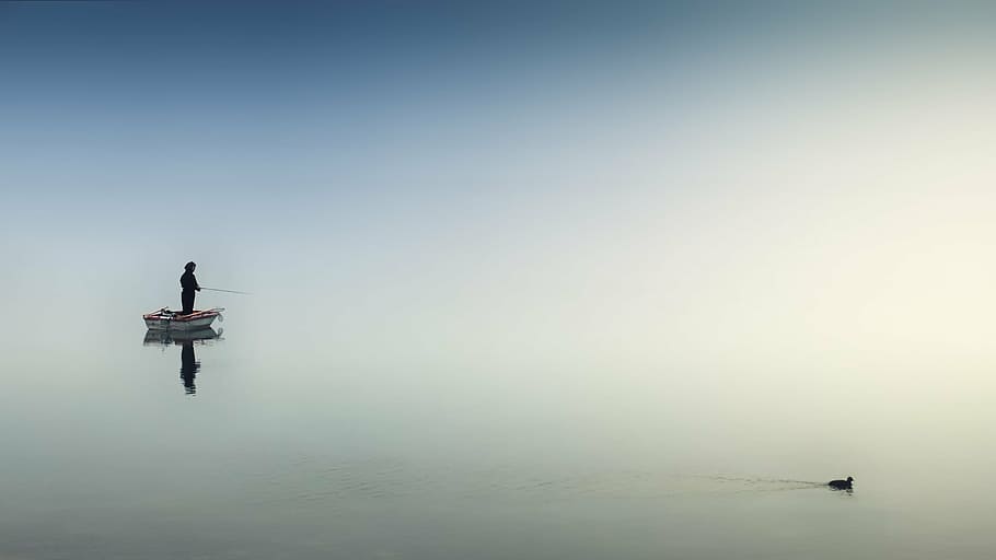 man fishing, boat, daytime, sea, ocean, water, nature, sailing, people, fishing, nautical Vessel, fisherman, outdoors, sky, transportation, lake, waterfront, copy space, day, tranquility, reflection, one person, clear sky, mode of transportation, tranquil scene, beauty in nature, scenics - nature, 2K