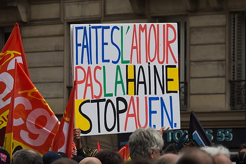 faitesl'amour, paaslahaine, stopaufn, rally, signage, daytime, person, raising, multicolored, signboard, l’amour, pas, la haine, stop, au, fn, protest, flag, love, hate, sign, politics, people, government, editorial, unity, crowd, large group of people, protestor, day, communication, group of people, real people, text, western script, men, women, architecture, city, lifestyles, banner - sign, adult, message, 4K, CC0, public domain, royalty free