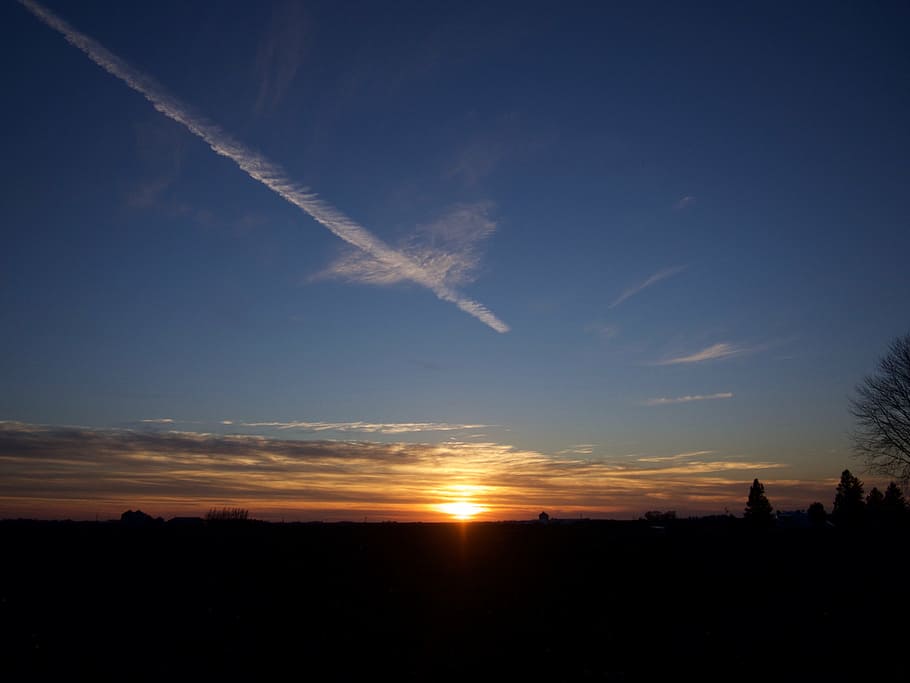 posta de sol, contrail, taronja, cel, núvol - cel, pista de vapor, silueta, sol, naturalesa, escenics - natura, cap gent, bellesa a la natura, escena tranquil·la, tranquil·litat, a l'aire lliure, planta, medi ambient, arbre, paisatge, llum solar, còpia espai, color taronja, 4K