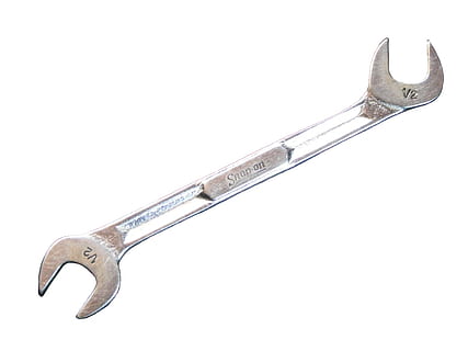 silver open wrench, Wrench, Offset, Tool, Mechanic, offset wrench, mechanical, tools, garage, cut out, white background, work tool, no people, close-up, studio shot, metal, single object, hand tool, indoors, copy space, weapon, equipment, steel, sharp, handle, still life, spanner, silver colored, alloy, 2K, CC0, public domain, royalty free