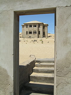 ghostly, in, namibia, architecture, built structure, building exterior, staircase, building, day, window, no people, sky, history, sunlight, the past, nature, abandoned, old, outdoors, wall - building feature, entrance, door, clear sky, architectural column, ancient civilization, ruined, 2K, CC0, public domain, royalty free