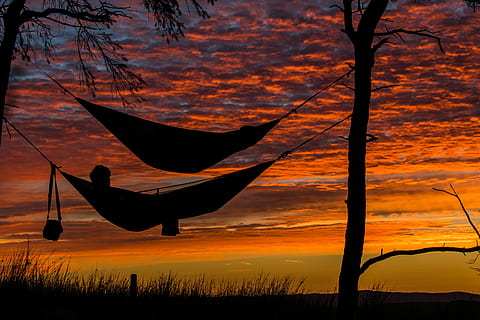 pessoa, deitado, maca, silhueta, enforcado, árvore, laranja, céu, nuvem, vermelho, relaxar, dormindo, nascer do sol, por do sol, suspensão, Bolsa, aguentar, exterior, Escócia, panorama, cor laranja, nuvem - céu, plantar, beleza na natureza, natureza, scenics - natureza, tranquilidade, modo de transporte, cena tranquila, transporte, árvore nua, ninguém, ao ar livre, veículo aéreo, agua, montanha, 5K, CC0, domínio público, royalty free