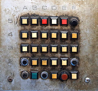 yellow, red, control buttons, button, box, square, round, control, numbers, letters, technology, close-up, no people, directly above, old, connection, metal, communication, geometric shape, shape, push button, full frame, backgrounds, street, pattern, control panel, day, dirt, indoors, 1080P, CC0, public domain, royalty free