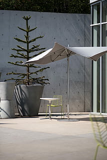 szary, parasol patio, oprócz, Zielony, sosna, garnek, projekt, krzesło, stół, kamień, siedzenie, roślina, Natura, dzień, żadnych ludzi, światło słoneczne, brak, na dworze, drzewo, zbudowana struktura, cień, architektura, wzrost, pusty, funkcja budowy ścian, posadzka, przednie lub podwórko, roślina doniczkowa, 2K, CC0, domena publiczna, darmowe zdjęcia