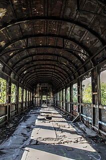 treno, vecchio, ferro, prospettiva, architettura, struttura costruita, nessuno, giorno, arco, costruzione, abbandonato, direzione, prospettiva decrescente, di fila, in casa, corri giù, declino, la strada davanti, deterioramento, vuoto, danneggiato, natura, colonna architettonica, soffitto, rovinato, 4K, CC0, dominio pubblico, privo di copyright