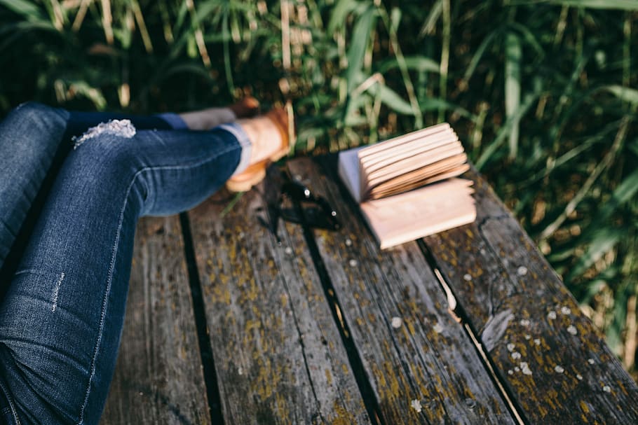 lake, Reading book, people, summer, book, opened notebook, time, old pier, evening, magic hour, wooden pier, girl reading book, boy reading book, man with book, woman with book, wooden boards, pier, wood - Material, nature, outdoors, jeans, day, one person, plant, wood, casual clothing, leisure activity, tree, real people, bench, holding, lifestyles, low section, adult, sitting, focus on foreground, 4K