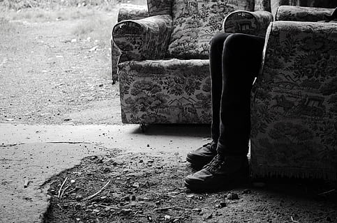 grayscale photo, person, sitting, floral, armchair, depression, sadness, murder, thinking, mind, inclination, woman, destiny, people, feet, foot, shoe, shoes, couch, old, scary, halloween, background, help, horror, crying, tears, fight, day, real people, low section, one person, lifestyles, nature, human leg, body part, outdoors, human body part, land, boot, sunlight, standing, field, adult, casual clothing, 1080P, CC0, public domain, royalty free
