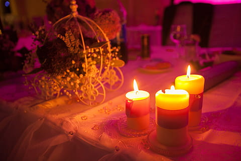 table, setup, cloth, flower, candle, light, dinner, date, burning, flame, fire, nature, illuminated, decoration, indoors, no people, religion, focus on foreground, celebration, close-up, heat - temperature, spirituality, flowering plant, fire - natural phenomenon, dark, 4K, CC0, public domain, royalty free