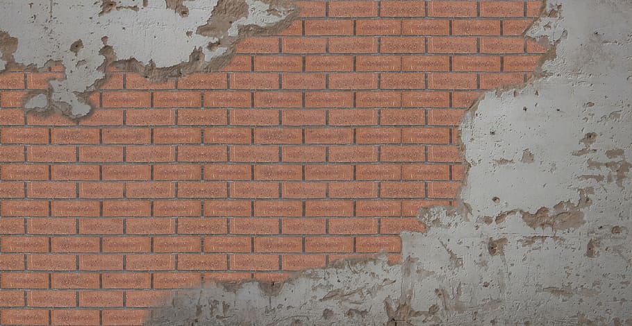 Ziegel, Gips, industriell, Wandbau - Funktion, gebaute Struktur, die Architektur, Wand, Ziegelwand, Backstein, Gebäudehülle, texturiert, Muster, keine Leute, Vollbild, Tag, verwittert, Hintergründe, alt, beschädigt, draußen, Nahansicht, abschälen, Gebäude, Verschlechterung, 2K