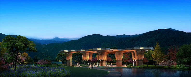 brown, gray, building, body, water, theme park, rendering, visualization, architecture, visualization 3d, architectural visualization, landscape, cgi, mountain, sky, plant, tree, scenics - nature, built structure, nature, beauty in nature, travel destinations, mountain range, no people, blue, clear sky, lake, building exterior, tranquility, tranquil scene, outdoors, architectural column, 2K, CC0, public domain, royalty free