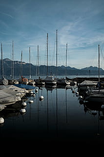 boats, body, water, daytime, assorted, nature, ocean, sea, dock, yacht, marina, club, view, mountains, sky, clouds, horizon, reflection, lines, patterns, nautical vessel, moored, transportation, sailboat, mast, mode of transport, no people, mode of transportation, pole, harbor, beauty in nature, cloud - sky, waterfront, tranquility, tranquil scene, outdoors, port, anchored, 4K