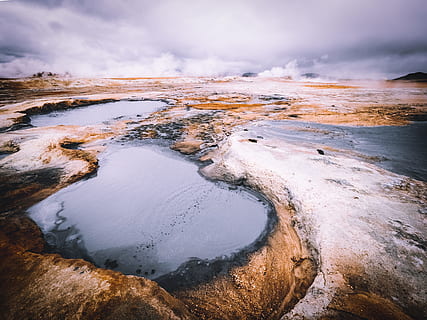 See, Weiß, Wolken, Karosserie, Wasser, tagsüber, Luftbild, Natur, Landschaft, szenen, draußen, Heiße Quelle, keine Leute, Geysir, Island, Fluss, Vulkan, wolke - himmel, Reiseziele, Umgebung, Schönheit in der Natur, Winter, Himmel, kalte Temperatur, Szenen - Natur, Schnee, Geologie, Ruhe, Kraft in der Natur, Dampf, Berg, Nicht-städtische Szene, 4K, CC0, gemeinfrei, lizenzfrei