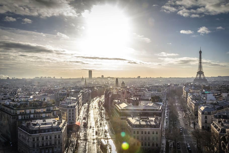 aereo, fotografia, Torre Eiffel, Parigi, Francia, eiffel, Torre, giorno, cielo, luce del sole, nuvole, orizzonte, vista, città, edifici, strade, Europa, paesaggio urbano, architettura, struttura costruita, esterno dell'edificio, vista dall'alto, vista aerea, grattacielo, destinazioni di viaggio, costruzione, nuvola - cielo, natura, vita di città, mezzi di trasporto, viaggio, skyline urbano, nessuno, sole, all'aperto, riflesso lente, edificio per uffici esterno, 4K