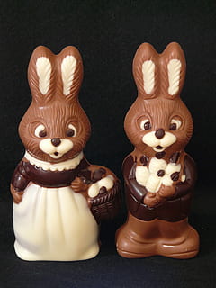 conill de Pasqua, xocolata, marró, Pasqua, família, home, dona, llebre, figura, representació animal, figureta, dos objectes, Saler, cap gent, a l'interior, representació, primer pla, art i artesania, natura morta, creativitat, representació humana, tir de l'estudi, costat a costat, fons negre, semblança femenina, fet per l'home, taula, objectes fets per l’home, menjar dolç, 2K, CC0, domini públic, lliure de regalies