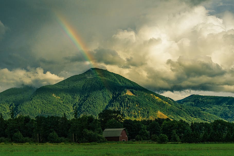 graner, foto de muntanya, vermell, al costat, muntanya, arc de Sant Martí, núvol, turó, arbre, bosc, paisatge, regenbogen, naturalesa, cel, tempesta, núvol - cel, bellesa a la natura, escenics - natura, medi ambient, terra, cap gent, tranquil·litat, color verd, escena tranquil·la, planta, idíl·lic, pluja, escena no urbana, a l'aire lliure, 4K