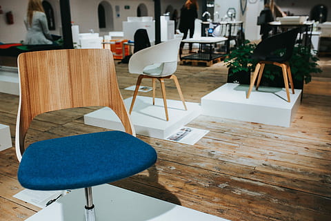 various, designer chairs, tables, exhibition, designer, chairs, chair, table, art, design, installation, no People, furniture, indoors, wood - material, day, seat, business, restaurant, flooring, wood, focus on foreground, absence, cafe, hardwood floor, empty, creativity, electric lamp, 5K, CC0, public domain, royalty free