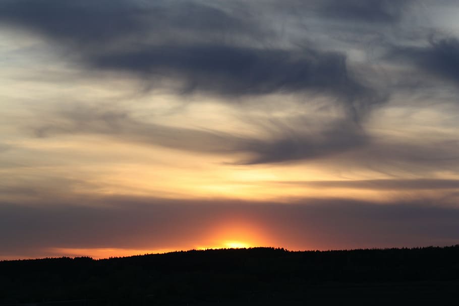spring, nature, sunset sky, sunset, sky, clouds, twilight, evening, dusk, cloud - Sky, outdoors, scenics, scenics - nature, beauty in nature, tranquility, silhouette, environment, tranquil scene, landscape, dramatic sky, orange color, no people, awe, dark, overcast, atmospheric mood, meteorology, 4K