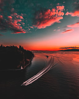 jetski, ciało, woda, antenowy, fotografia, łódź, Tapeta, tapety na Androida, android tła, tło ekranu blokady, zachód słońca, ocean, Chmura, horyzont, stanley park, park, Vancouver, kolor, krajobraz, różowy, niebo, piękno natury, chmura - niebo, scenics - natura, spokojna scena, spokój, żadnych ludzi, idylliczny, Natura, kolor pomarańczowy, nabrzeże, morze, drzewo, scena pozamiejska, roślina, dramatyczne niebo, wylądować, 4K, CC0, domena publiczna, darmowe zdjęcia