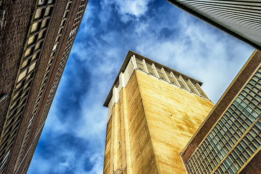 low, angle photo, brown, white, concrete, building, factory, industry, leave, industrial building, lost places, mining, headframe, past, factory building, historically, transience, architecture, bill, pforphoto, sky, blue, nostalgia, low angle view, cloud - sky, building exterior, built structure, outdoors, no people, day, city, nature, office building exterior, modern, skyscraper, office, window, residential district, sunlight, directly below, luxury, 5K
