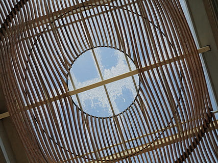 skylight, architecture, building, design, built structure, metal, no people, indoors, low angle view, sky, glass - material, pattern, transparent, day, ceiling, sunlight, reflection, window, directly below, shape, blue, iron - metal, 2K, CC0, public domain, royalty free