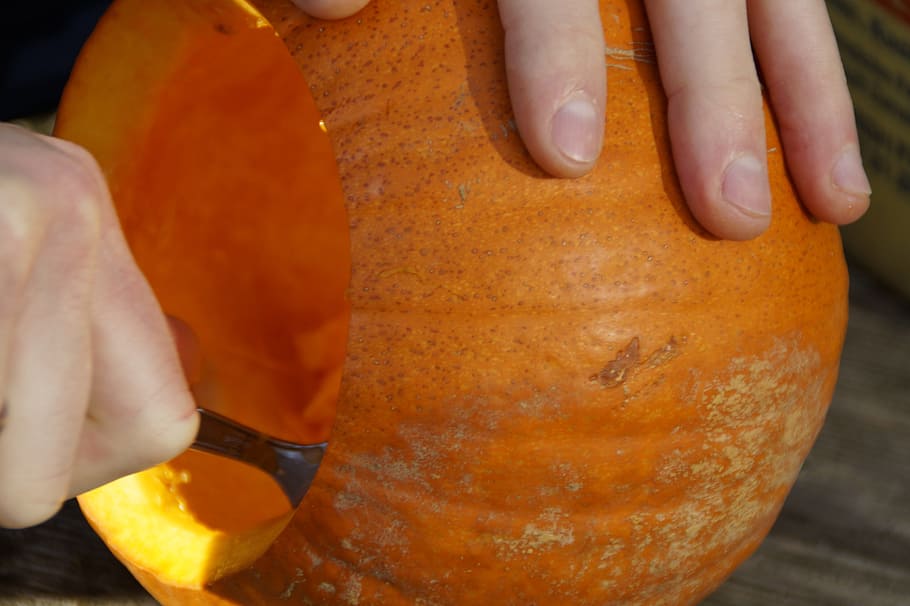 dýně, oranžový, Jasný, podzim, podzimní dekorace, sezónní, dekorativní, dekorace, díkůvzdání, předvečer Všech svatých, halloween kuerbis, dýně duch, vyřezat dýně duch, diy dýně duch, vydlabat, oranžová barva, lidské ruky, ruka, jídlo a pití, jídlo, část lidského těla, detail, jedna osoba, Zdravé stravování, svěžest, blahobyt, citrusové ovoce, hospodářství, ovoce, pomeranč, příprava, prst, Haloweenská dýně, nehet, připravování jídla, 5K