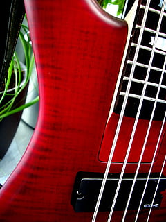 bas, e bass, 5 streng, strygere, musik, instrument, rød, musikinstrument, musikalsk udstyr, musikinstrumentstreng, kunstkultur og underholdning, snor, streng instrument, ingen mennesker, guitar, tæt på, indendørs, gribebrættet, metal, træ - materiale, fokus på forgrunden, dag, stilleben, mønster, 1080P, CC0, offentligt domæne, royaltyfrie