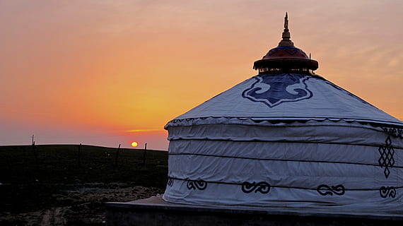 round, white, dome tent, desert, sunset, inner mongolia, tranquility, seclusion, retreat, light, sky, architecture, built structure, building exterior, no people, nature, tower, travel destinations, building, orange color, religion, outdoors, travel, spirituality, belief, dome, tourism, place of worship, dusk, spire, 2K, CC0, public domain, royalty free