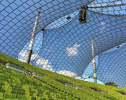 architecture, blue, green, munich, olympic stadium, stadium, fence, day, no people, grass, sky, nature, sport, plant, chainlink fence, barrier, boundary, security, field, outdoors, land, safety, low angle view, protection, built structure, soccer, 720P