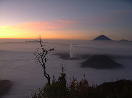 sol, posta de sol, mount, bromo, in, mount, bromo, naturalesa, escenics, cel, a l'aire lliure, núvol - cel, escenics - natura, bellesa a la natura, muntanya, escena tranquil·la, tranquil·litat, volcà, medi ambient, cap gent, escena no urbana, destinacions de viatge, paisatge, arbre, terra, planta, aigua, cim de muntanya, 720P, CC0, domini públic, lliure de regalies