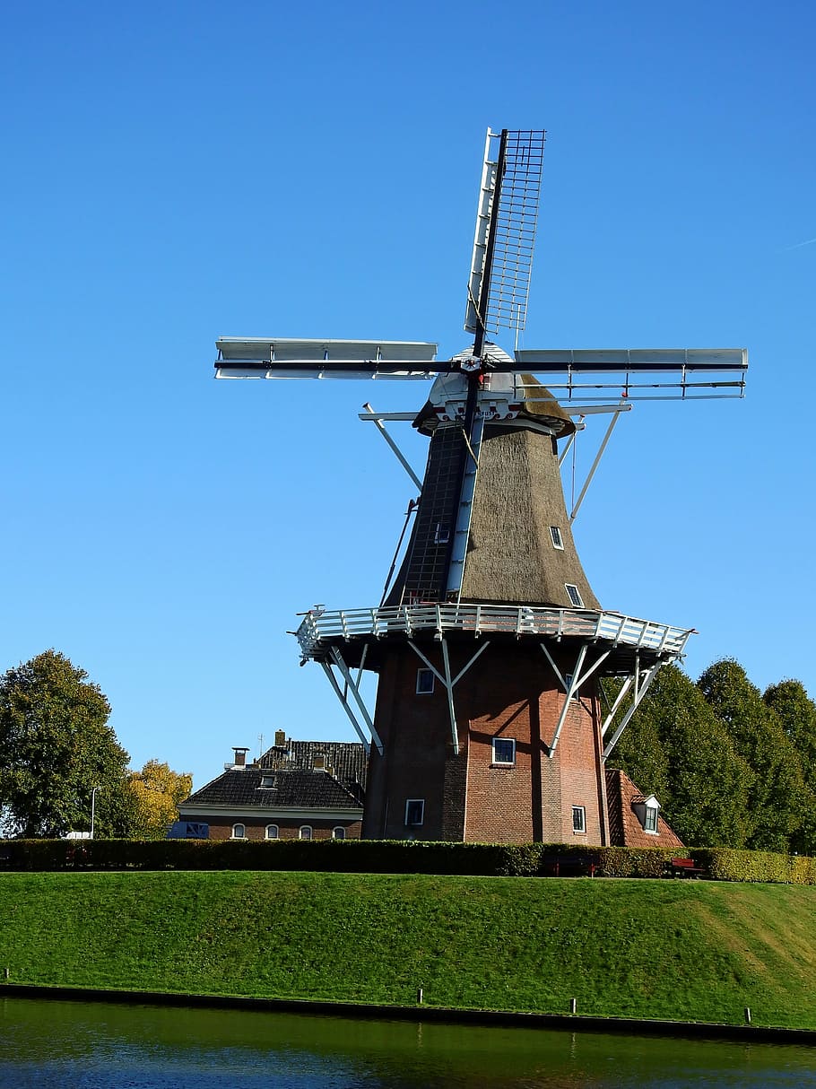 molí, molí de vent, edifici, cel, ala, vent, Fris, Holanda, Països Baixos, històricament, arquitectura, cultura holandesa, història, energia eòlica, energia renovable, aerogenerador, energia alternativa, turbina, molí de vent tradicional, planta, generació de combustible i energia, cel clar, conservació del medi ambient, medi ambient, naturalesa, blau, estructura construïda, arbre, herba, dia, cap gent, camp, fulla, a l'aire lliure, 4K