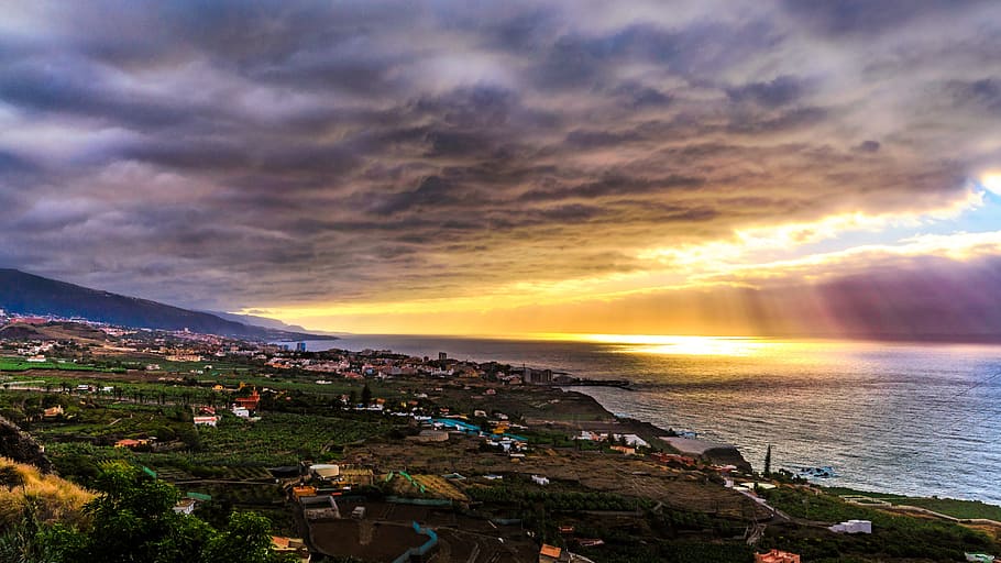 solnedgang, atlantic, skyer, hav, kyst, natur, atlantiske kyst, ocean, romantisk, sol, landskab, ferie, aften sol, aften, udsigt, humør, himmel, farve, hvile, tenerife, rejse, helligdage, idyl, vand, sky - himmel, arkitektur, by, bygning udvendig, jord, strand, bygget struktur, scenics - natur, bygning, dramatisk himmel, miljø, rejsemål, kystlinje, bybilledet, udendørs, 4K