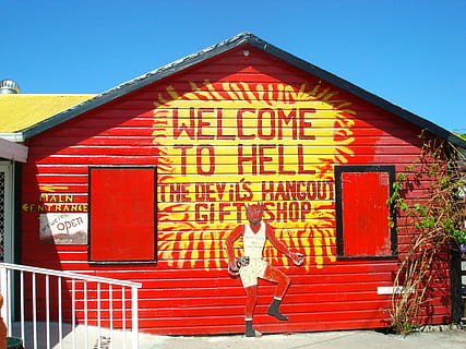 hell, devil, red, architecture, one person, built structure, full length, building exterior, front view, adult, day, text, lifestyles, real people, communication, casual clothing, young adult, women, nature, leisure activity, western script, outdoors, 2K, CC0, public domain, royalty free