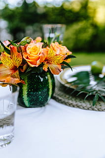 farverig, eksotisk, blomster, grønne, flora, blad, blade, tropisk, flerfarvet, blomst, natur, dekoration, buket, bord, vase, plante, grøn farve, arrangement, gul, friskhed, selektiv fokusering, ingen mennesker, drikkeglas, blomstrende plante, sårbarhed, skrøbelighed, blomsterhoved, skønhed i naturen, kronblad, tæt på, blomsterstand, fokus på forgrunden, blomster arrangement, glas, udendørs, 5K