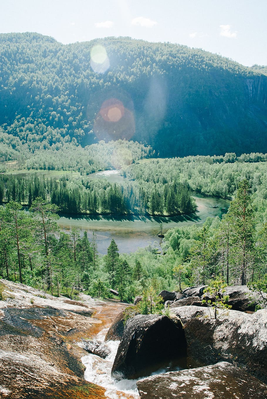 floddal, landskab, natur, Skov, træ, bjerg, vand, scenics, flod, udendørs, rock-objekt, skønhed i naturen, sommer, sø, himmel, grøn farve, bjergkæde, fyrretræ, dag, ingen mennesker, plante, ro, rolig scene, scenics - natur, ikke-urbane scene, solid, sollys, miljø, flydende vand, linseflare, flyder, 4K