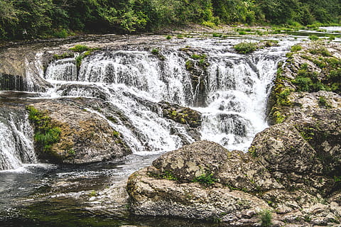 cascata, torrente, ambiente, flusso, foresta, paesaggio, le foglie, movimento, natura, all'aperto, rapide, fiume, rocce, panoramico, pietre, ruscello, estate, viaggio, alberi, acqua, cascate, bellezza nella natura, scenics - natura, pianta, acqua corrente, terra, roccia, nessuno, solido, albero, roccia - oggetto, scena non urbana, giorno, crescita, fluente, flusso - acqua che scorre, potere in natura, 5K, CC0, dominio pubblico, privo di copyright