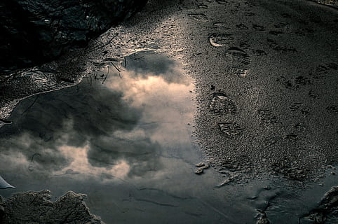 footsteps, reflection, water, steps, mud, clouds, winter, nature, no people, outdoors, environment, mountain, high angle view, land, beauty in nature, geology, day, scenics - nature, solid, rock, tranquility, rock - object, sky, volcano, power in nature, pollution, volcanic crater, 4K, CC0, public domain, royalty free