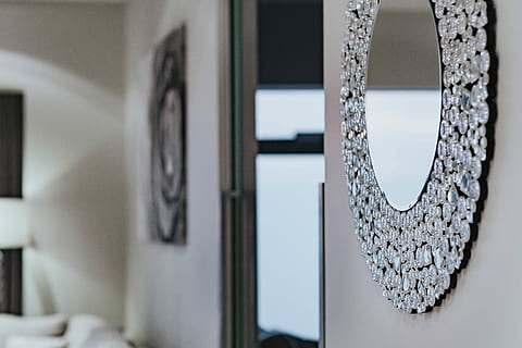 round mirror, adorned, crystals, Beautiful, round, mirror, reflection, elegant, decoration, fancy, crystal, ornamental, shiny, sparkling, luxury, bedroom, indoors, home Interior, domestic Room, architecture, no People, apartment, house, elegance, residential Building, design, window, modern, white, museum, close-up, day, focus on foreground, wall - building feature, hanging, selective focus, jewelry, door, fashion, necklace, pattern, entrance, picture frame, 5K