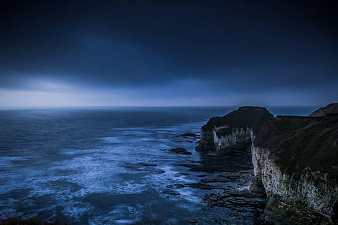 island, body, water, blue, cliffs, desperate, depression, thoughts, horizon, thinking, flamborough, bridlington, england, headland, mood, moody, sea, sky, horizon over water, beauty in nature, land, beach, motion, scenics - nature, nature, coastline, long exposure, cloud - sky, night, wave, solid, no people, seascape, dark, outdoors, moonlight, 5K, CC0, public domain, royalty free