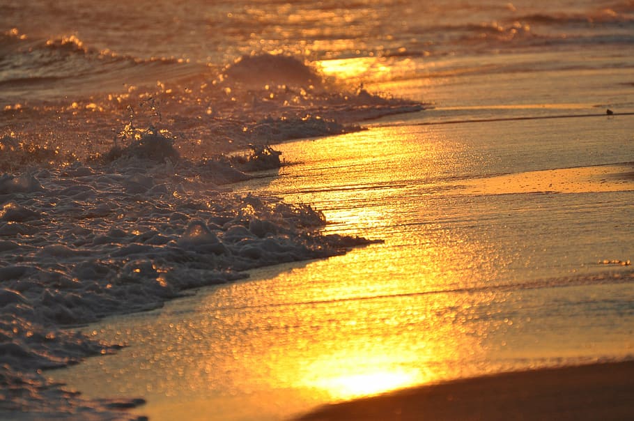 Billede af strandlinjen, strand, solnedgang, ocean, bølger, natur, hav, skønhed i naturen, sollys, scenics, afspejling, rolig scene, ro, udendørs, vand, himmel, jord, bølge, bevægelse, ingen mennesker, selektiv fokusering, orange farve, scenics - natur, sport, 4K