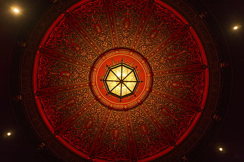 low, angle photo, red, yellow, dome ceiling, ceiling, art, design, architecture, building, dome, indoors, illuminated, circle, directly below, low angle view, no people, pattern, lighting equipment, geometric shape, shape, built structure, ornate, religion, cupola, decoration, electric lamp, luxury, 5K